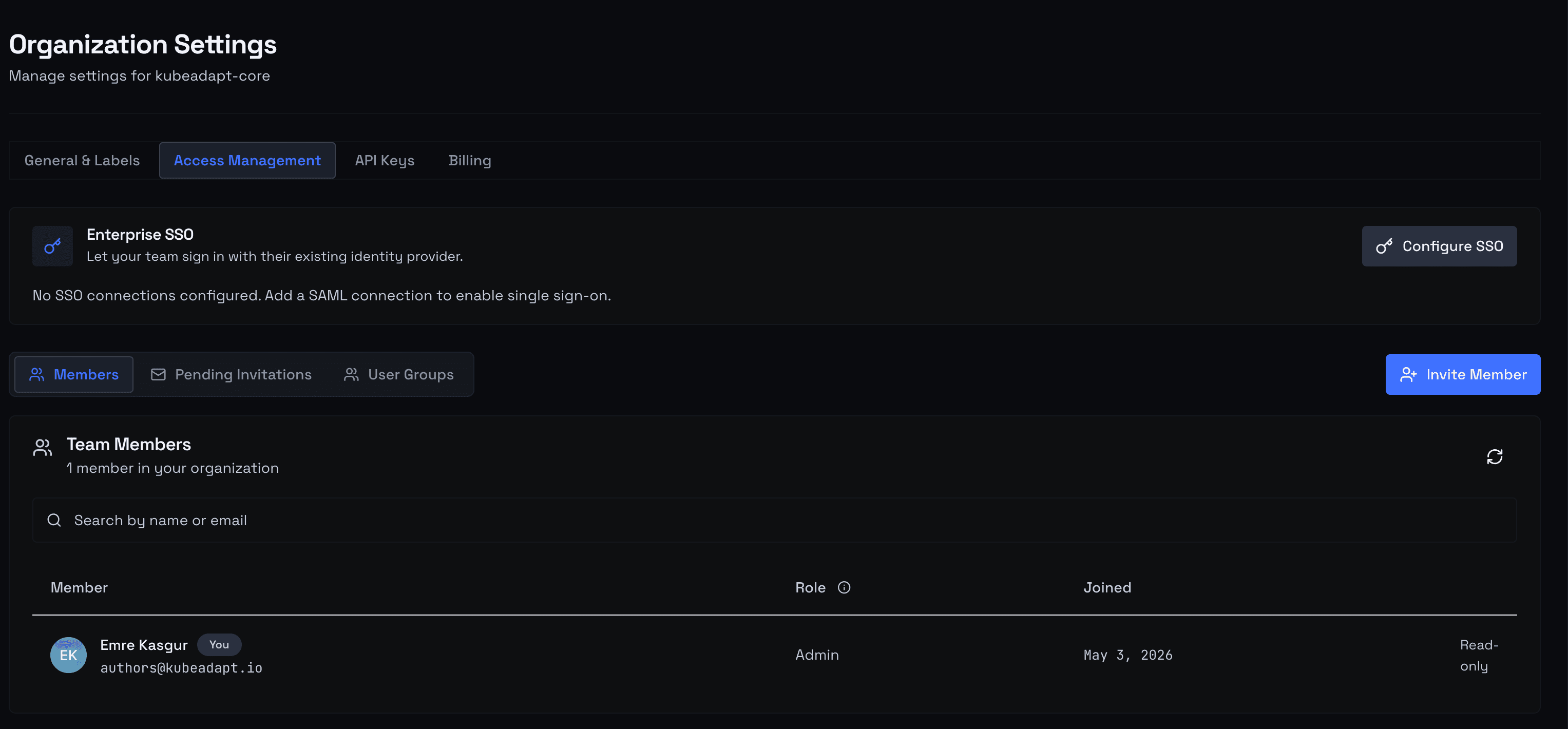 Access Management — Members, Pending Invitations, and User Groups tabs