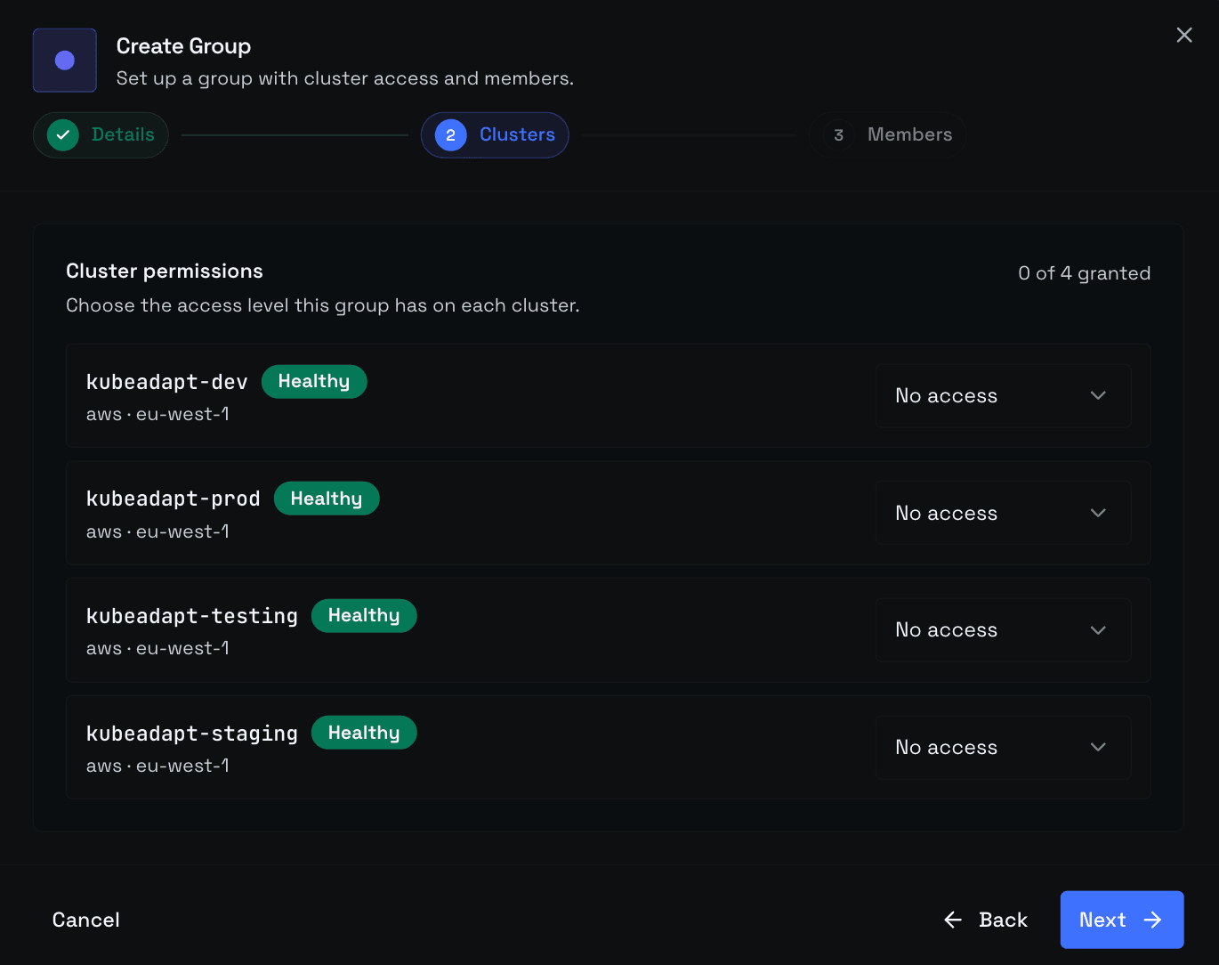 Create Group wizard, Step 2 — Clusters with a permission-level dropdown per cluster: No access, Viewer, Operator, Admin
