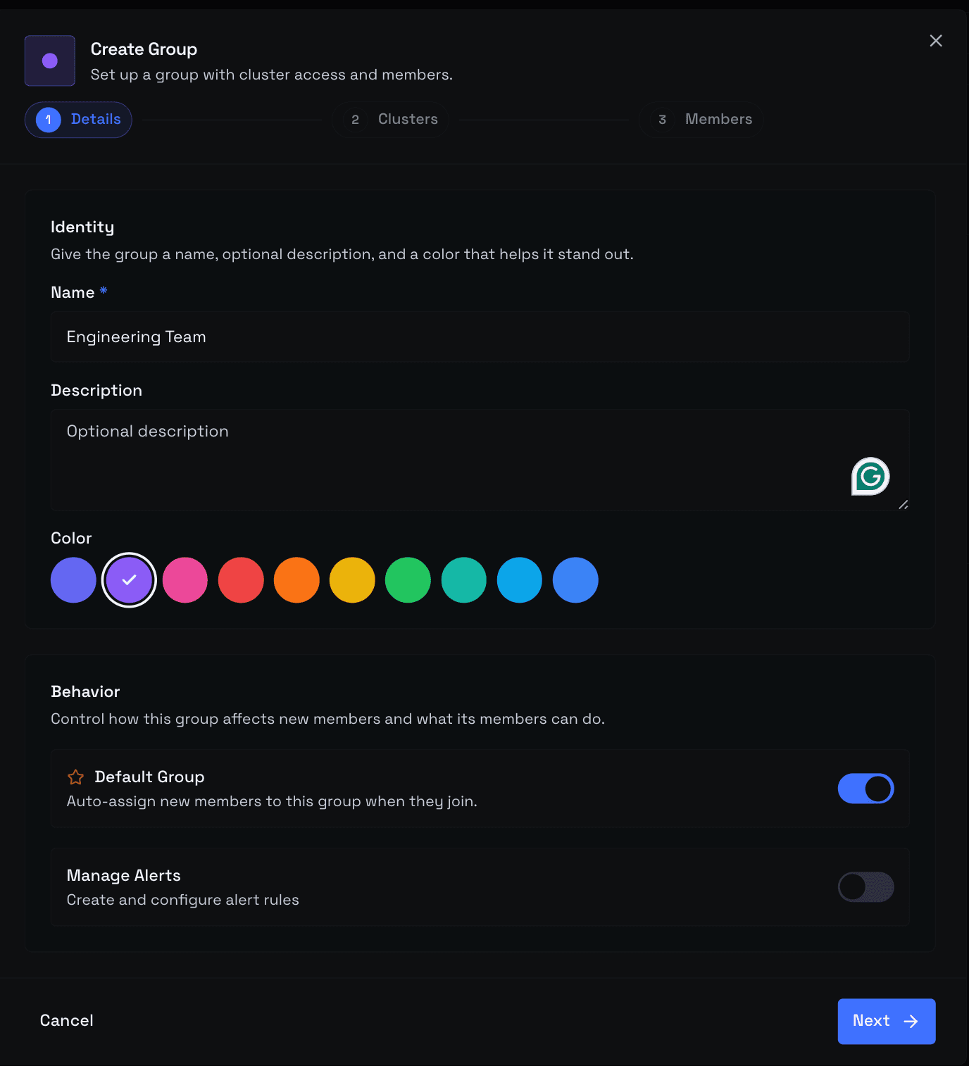 Create Group wizard, Step 1 — Details with name, description, color swatches, Default Group toggle, and General Permissions checkbox