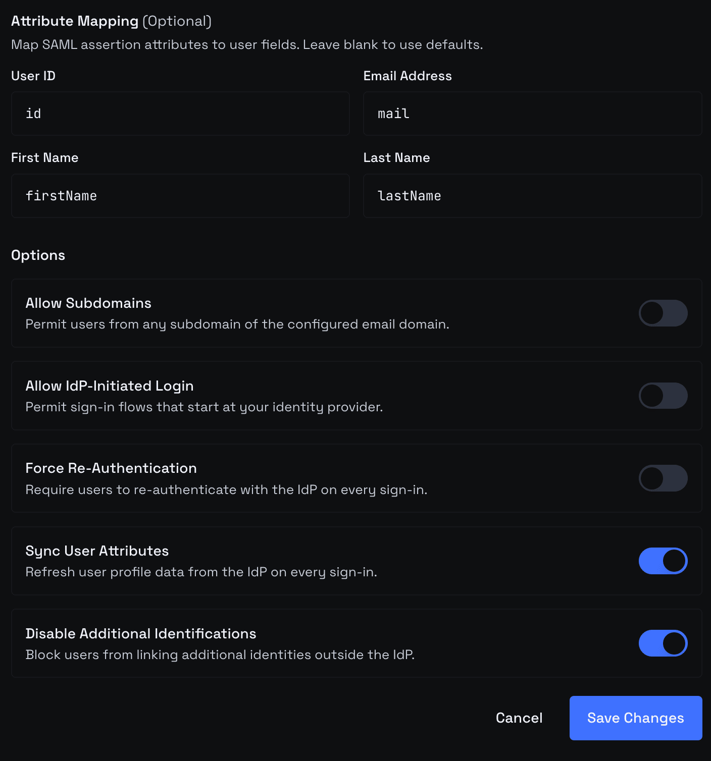 Advanced connection settings — Force Re-Authentication, Sync User Attributes, Disable Additional Identifications toggles