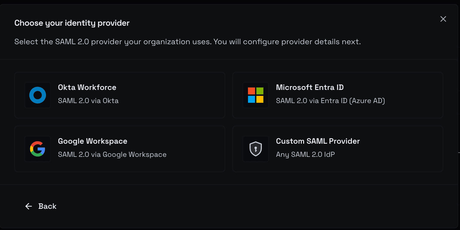 SSO tab with Add Connection opening the provider picker (Okta, Entra ID, Google Workspace, Custom SAML)