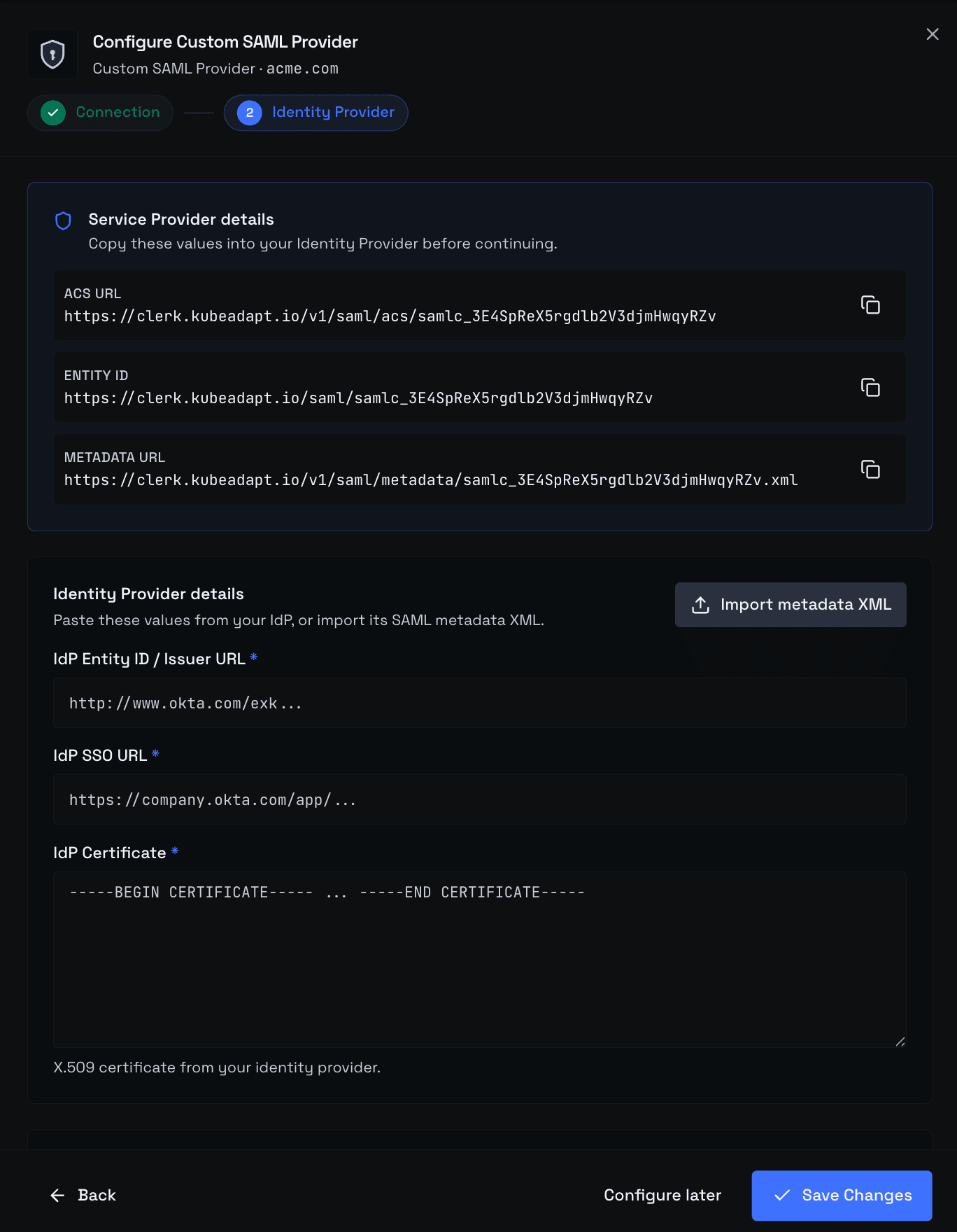 Step 2 of 2 — Upload metadata XML versus manual IdP Entity ID / SSO URL / certificate fields, plus subdomain and IdP-initiated toggles