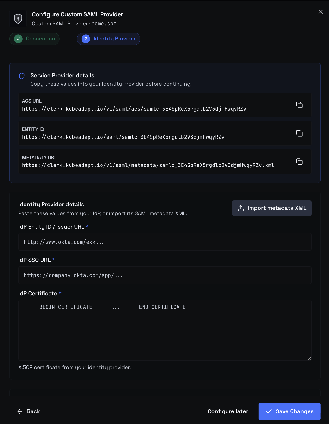 Step 2 of 2 — Upload metadata XML versus manual IdP Entity ID / SSO URL / certificate fields, plus subdomain and IdP-initiated toggles
