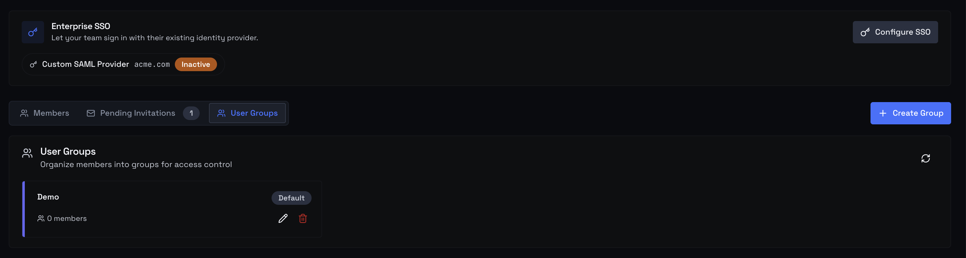 User Groups tab with the Create Group action in the top right